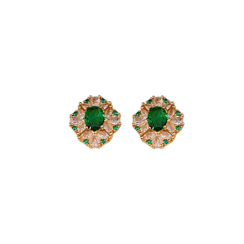 18K Gold-Plated Oval Zircon Earrings – Vintage-Inspired Luxury Studs with Sterling Silver Posts