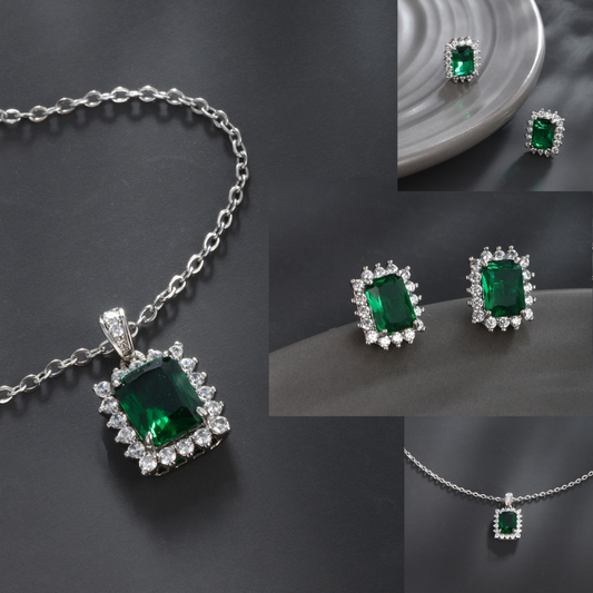 Elegant Retro Geometric Square Zircon Inlaid 24K Gold Plated Earrings and Pendant Set Gem Jewelry Set