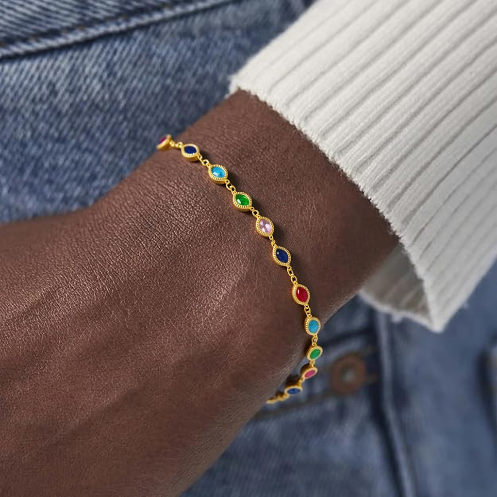 18K Gold Plated Colorful Oval Zircon Bracelet - Retro and Luxury Multi - colored Gem Hand Jewelry