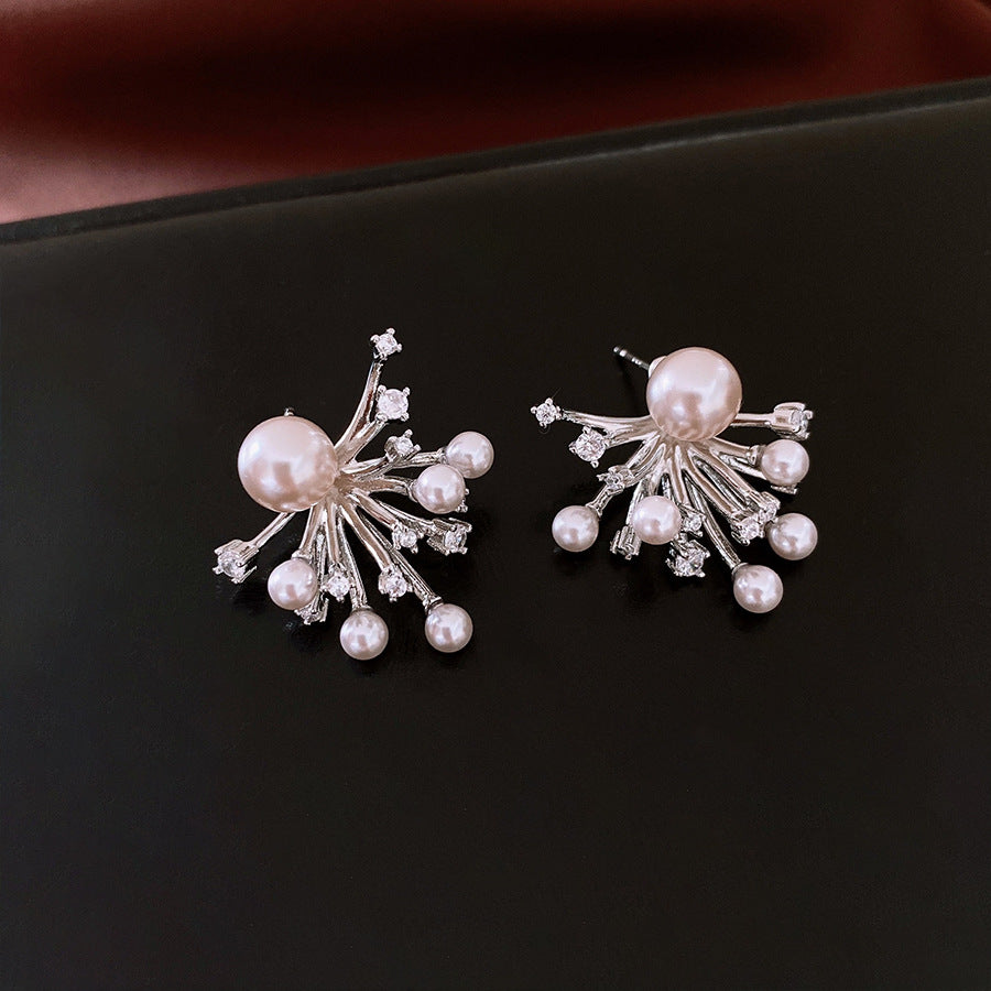 Firework Zircon & Pearl Earrings – Sterling Silver Studs, Luxury Minimalist Ear Jewelry for Women