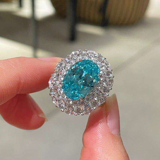 ANEL EM PRATA 925 BANHADO OURO - PARAIBA LAB GROWN CORTE ROSÉ + DIAMANTES DE ALTA CARBONAGEM - PEDRA GALO - FULL PAVÉ - PRESENTE LUXO