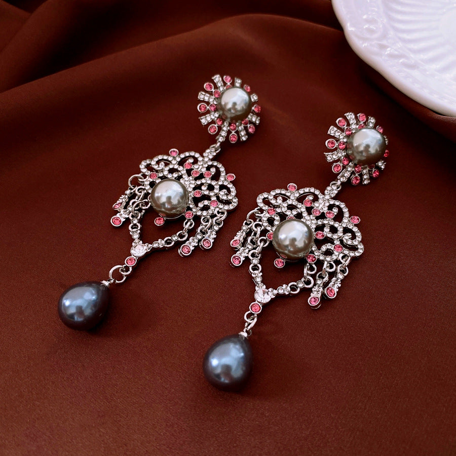 Antique Vintage Floral Pearl Earrings – Sterling Silver Diamond-Accented Drops, Timeless Romantic Jewelry