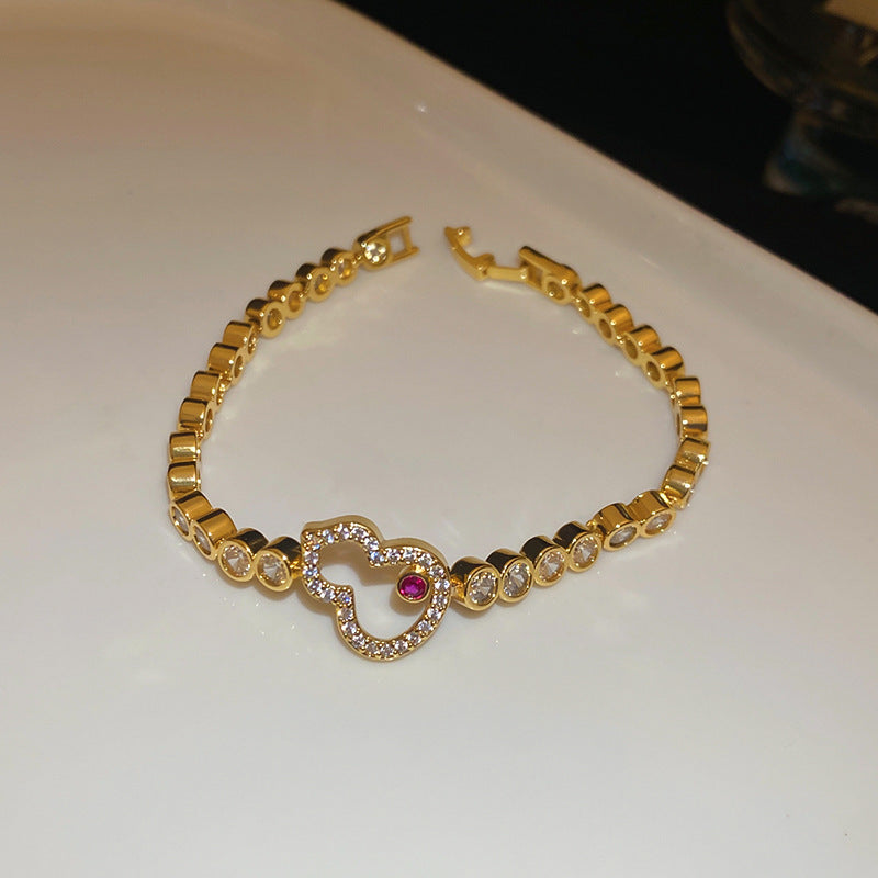 18K Gold-Plated Zirconia Gourd & Bow Bracelet – Adjustable Chinese Chic Hand Chain, Luxury Minimalist Jewelry