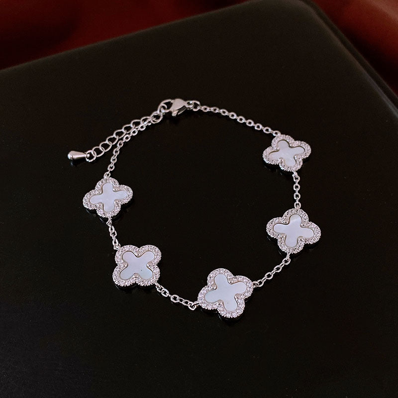 Gold-Plated Zircon Four-Leaf Flower Bracelet – Elegant Minimalist Chain, Dainty Lucky Charm Jewelry for Women