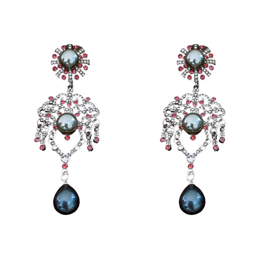 Antique Vintage Floral Pearl Earrings – Sterling Silver Diamond-Accented Drops, Timeless Romantic Jewelry