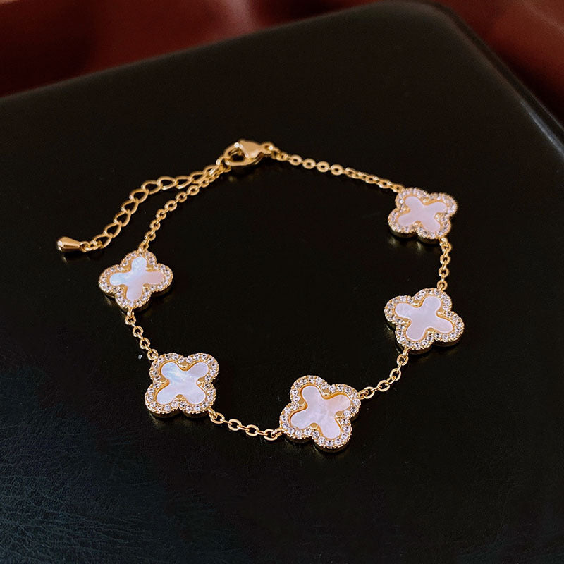 Gold-Plated Zircon Four-Leaf Flower Bracelet – Elegant Minimalist Chain, Dainty Lucky Charm Jewelry for Women