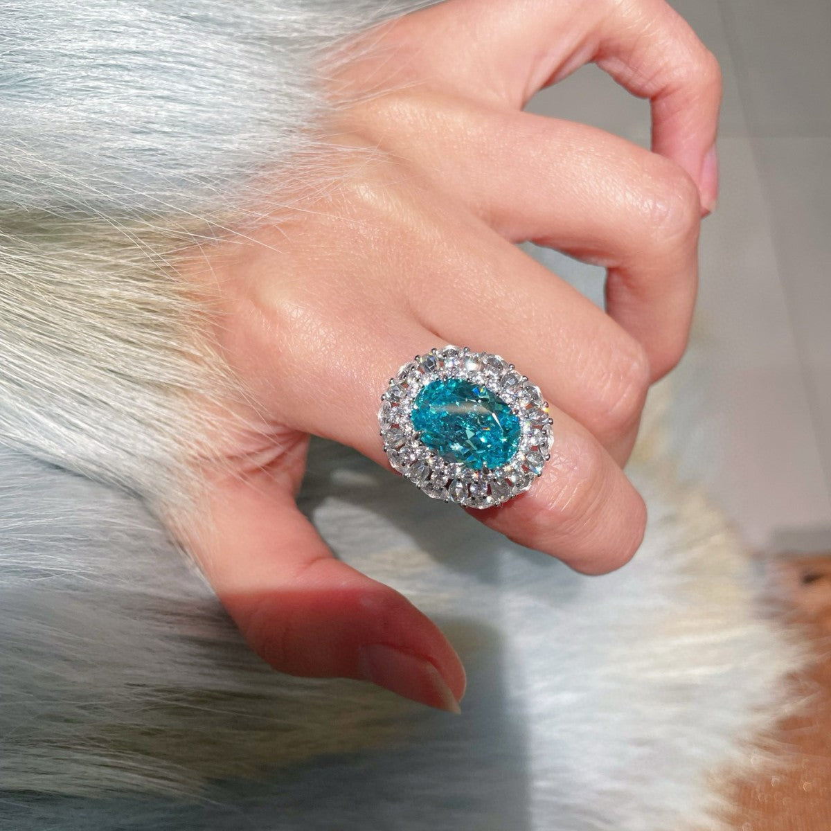 ANEL EM PRATA 925 BANHADO OURO - PARAIBA LAB GROWN CORTE ROSÉ + DIAMANTES DE ALTA CARBONAGEM - PEDRA GALO - FULL PAVÉ - PRESENTE LUXO
