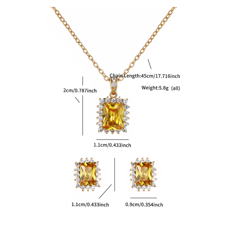 Elegant Retro Geometric Square Zircon Inlaid 24K Gold Plated Earrings and Pendant Set Gem Jewelry Set
