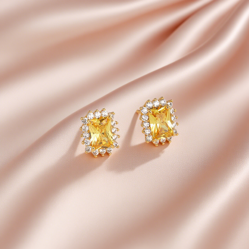 Elegant Retro Geometric Square Zircon Inlaid 24K Gold Plated Earrings and Pendant Set Gem Jewelry Set