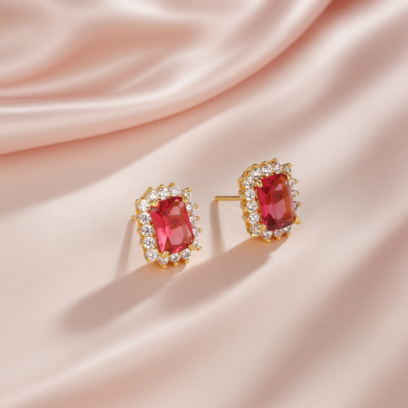 Elegant Retro Geometric Square Zircon Inlaid 24K Gold Plated Earrings and Pendant Set Gem Jewelry Set