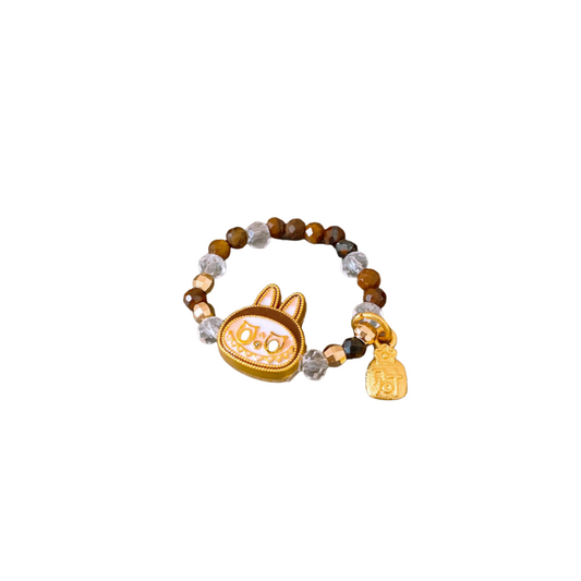 Labubu Gold Bunny Stretch Ring – Cute Crystal Beaded Adjustable Jewelry