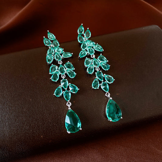Silver-Pin Zircon Leaf Drop Earrings – Elegant Fringe Pendant Studs, Luxury Boho Chic Design
