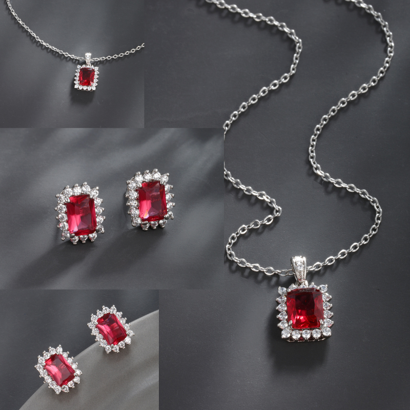 Elegant Retro Geometric Square Zircon Inlaid 24K Gold Plated Earrings and Pendant Set Gem Jewelry Set