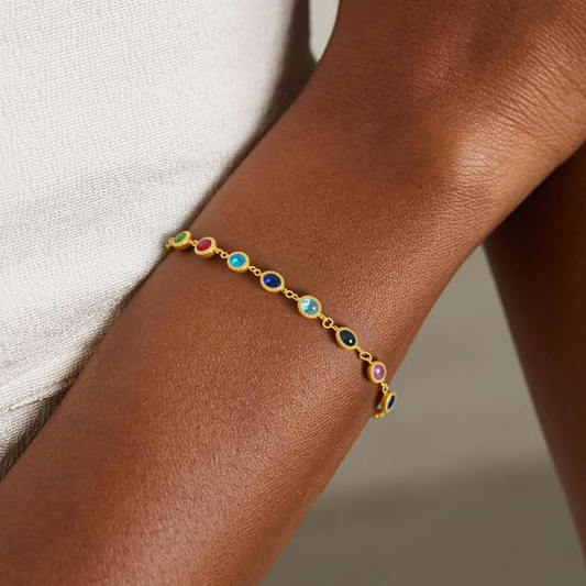 18K Gold Plated Colorful Oval Zircon Bracelet - Retro and Luxury Multi - colored Gem Hand Jewelry