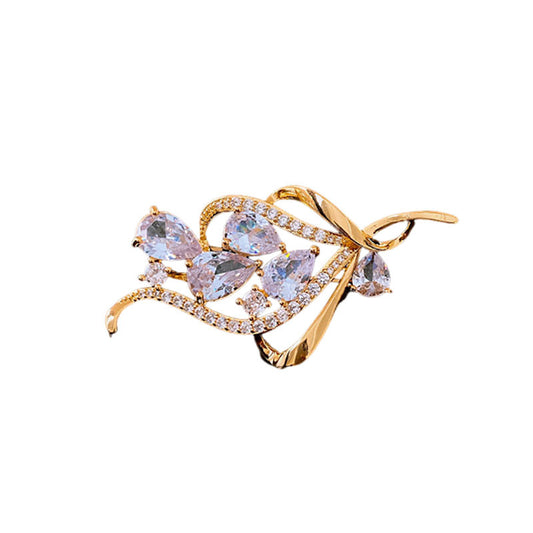 18K Gold-Plated Zircon Flower Drop Brooch – Vintage-Inspired Elegant Corsage, Unique Statement Jewelry