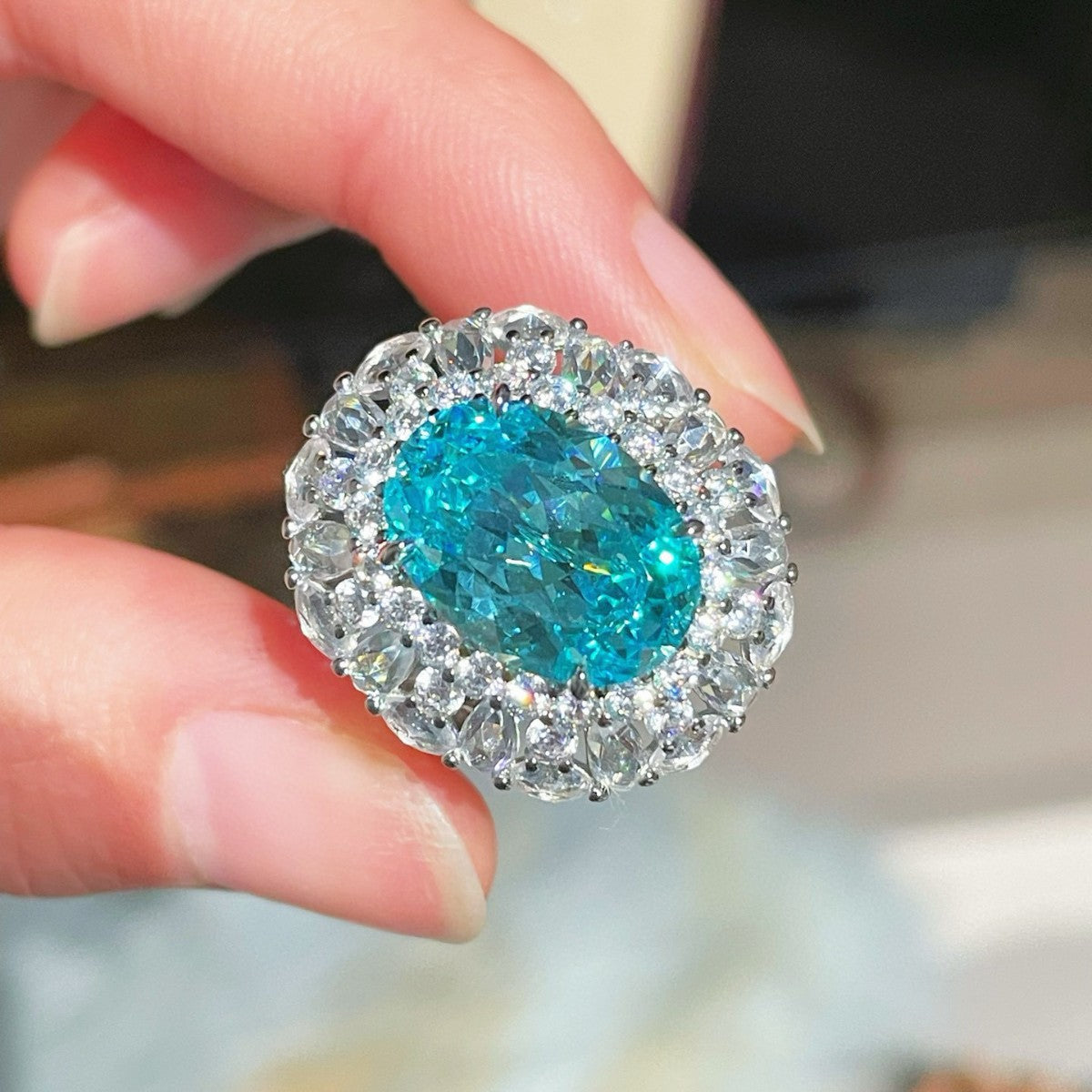 ANEL EM PRATA 925 BANHADO OURO - PARAIBA LAB GROWN CORTE ROSÉ + DIAMANTES DE ALTA CARBONAGEM - PEDRA GALO - FULL PAVÉ - PRESENTE LUXO
