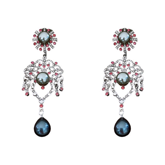 Antique Vintage Floral Pearl Earrings – Sterling Silver Diamond-Accented Drops, Timeless Romantic Jewelry