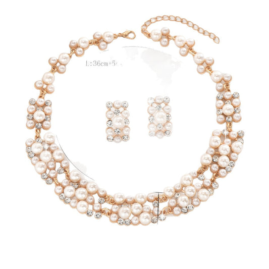 Pearl and Rhinestone Rectangle Earrings & Necklace Set: French Vintage Bridal Jewelry with Luxury Appeal