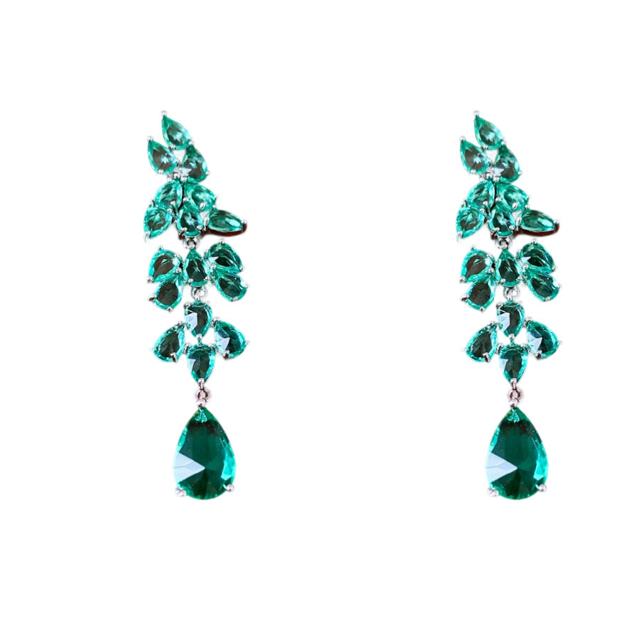 Silver-Pin Zircon Leaf Drop Earrings – Elegant Fringe Pendant Studs, Luxury Boho Chic Design