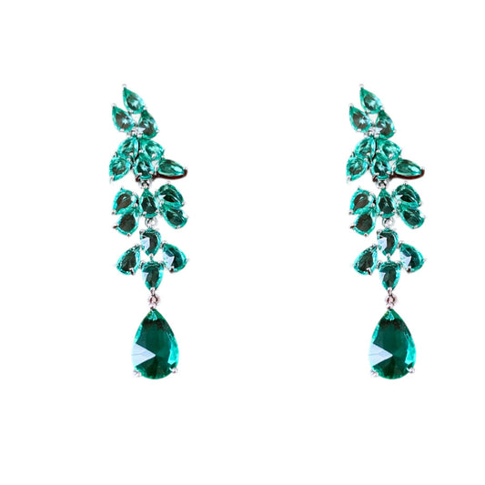 Silver-Pin Zircon Leaf Drop Earrings – Elegant Fringe Pendant Studs, Luxury Boho Chic Design