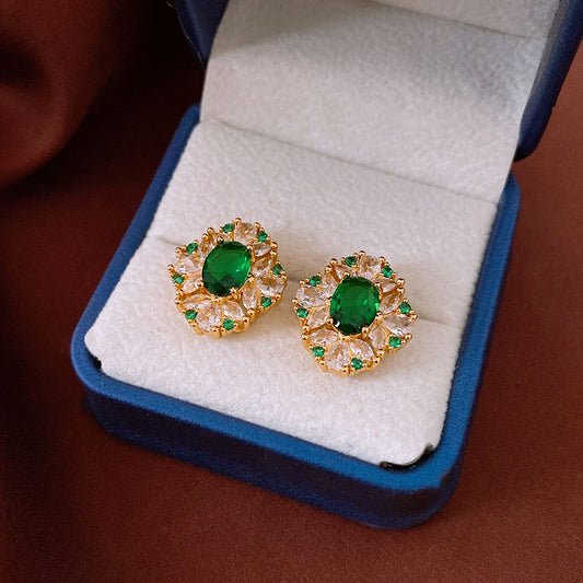 18K Gold-Plated Oval Zircon Earrings – Vintage-Inspired Luxury Studs with Sterling Silver Posts